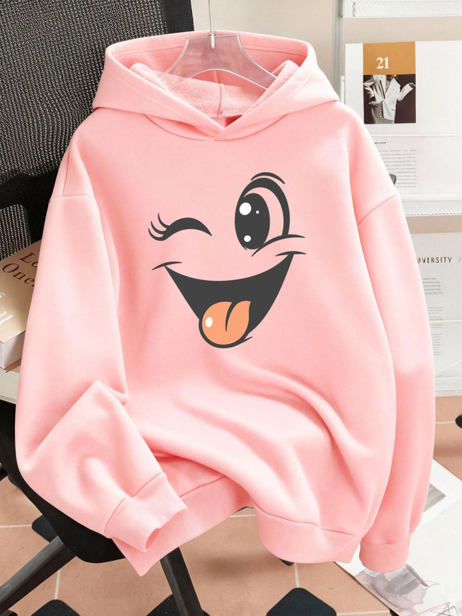Plus Size 1pc Fashion Women's Autumn/Winter Warm Hooded Sweatshirt with an Elegant and Beautiful Y2K Style Casual Sweatshirt Featuring a Cartoon Smiling Face Print, Winking and Sticking Out Tongue, Playful and Cute. Pattern Print Plus Size -Lined - pink