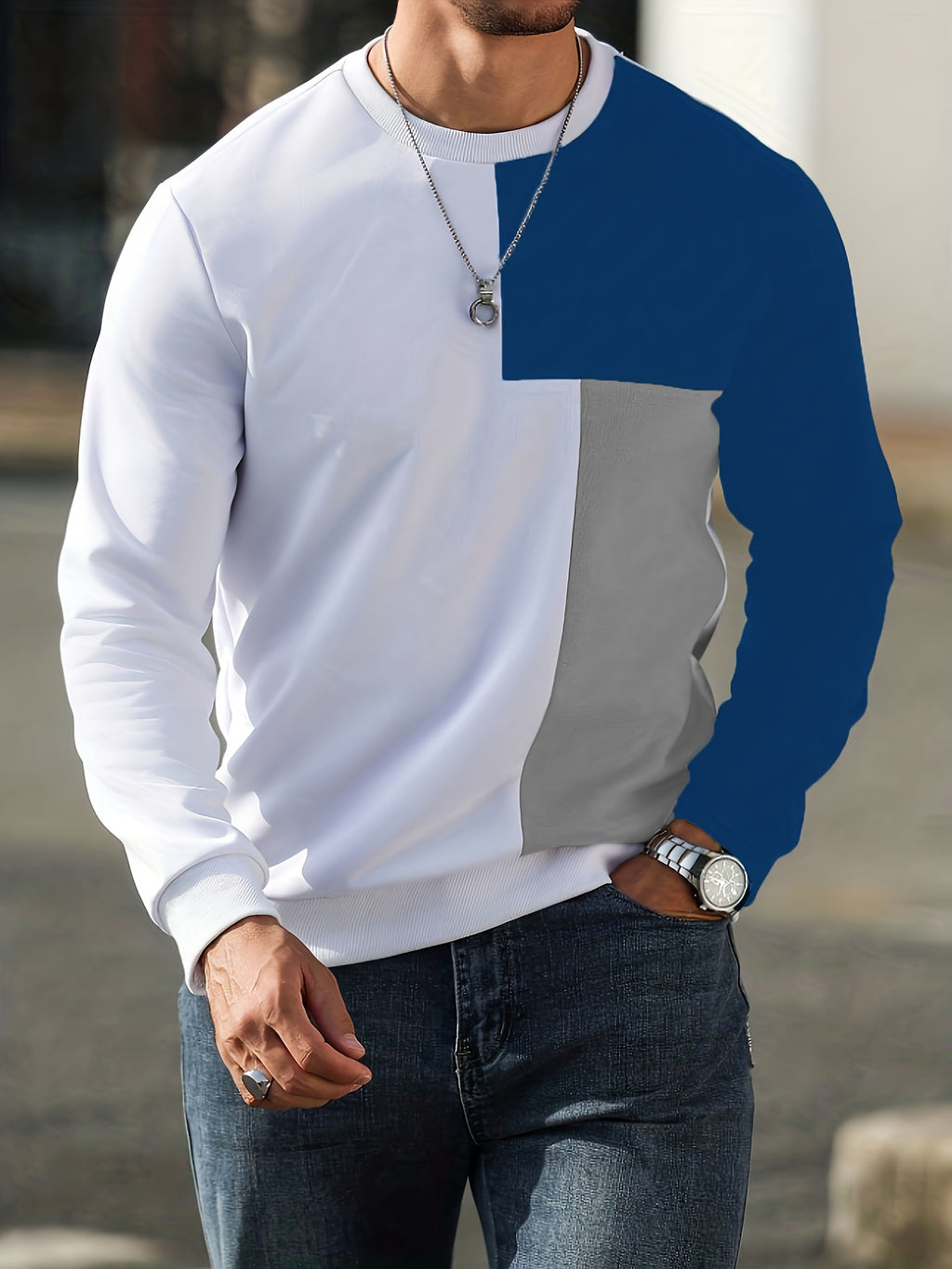 Men'S Gifts, New Spring And Summer Round Neck Pullover Casual Fashion Top, Color-Blocking Casual Knitwear, Machine Washable, Elegant Layered Outfit for Men, Versatile Daily And Formal Men'S Attire - White