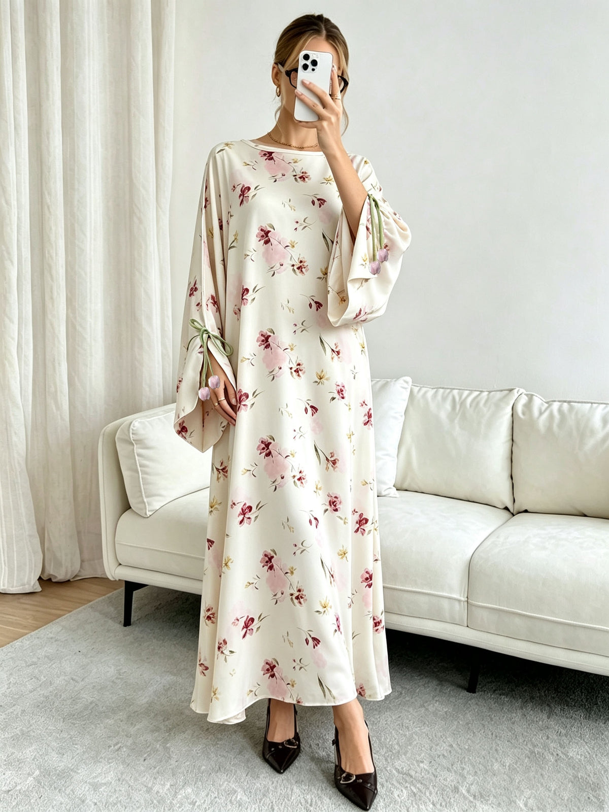 1pc (Headscarf Not Included) Printed Dress, Pink Floral Sweet Elegant Muslim Long Dress, Cuffed Slit Design Modest And Fashionable Robe, Exquisite Islamic Evening Wear, Suitable for Dates And Daily Wear - Pink