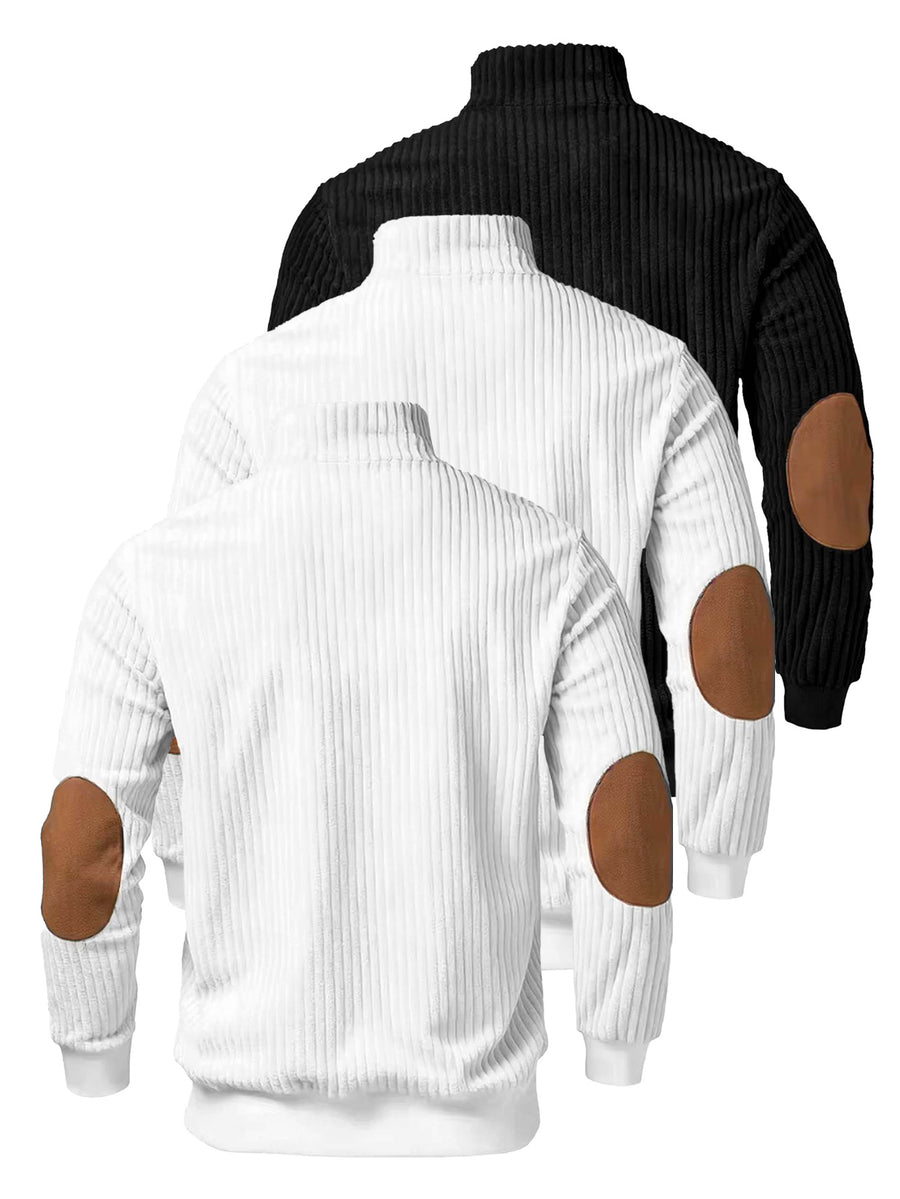 A 3pcs Men's Top Featuring Ribbed Cable-knit with Brown Block Design, Stand-up Collar, and Zipper Closure, Suitable for Both Daily Commutes and Formal Occasions, Offering a Casual yet Elegant Look - Black+white+white