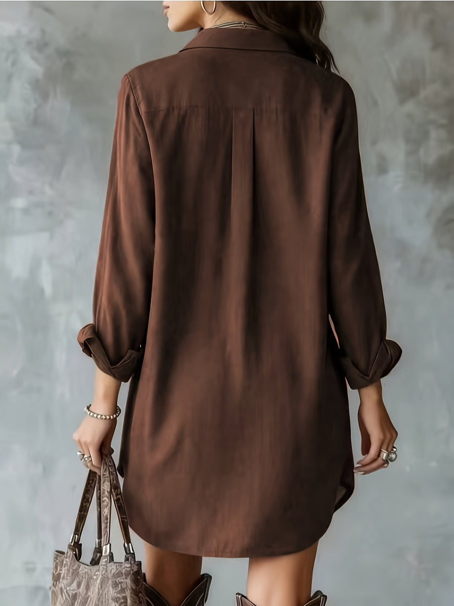Women'S Coffee-Colored Long Sleeve Button-Up Shirt, Short Front Long Back Design with Pockets, Suitable for Spring And Summer - Coffee Color