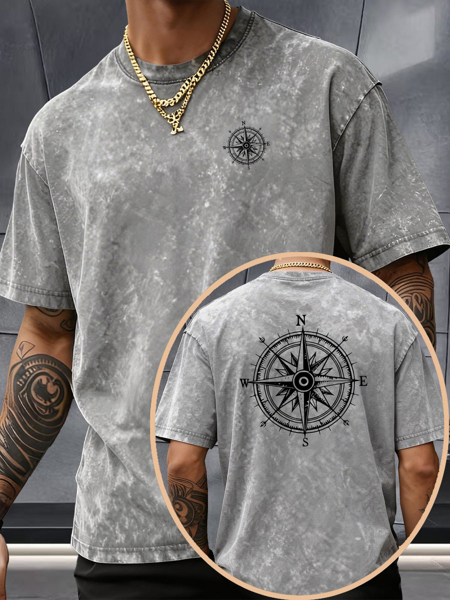 Short Sleeve Top, Washed Distressed Loose Round Neck T-Shirt, Double-Sided Compass And Needle Trendy Print, Casual Styling American Street High Street Hip-Hop Couple Style Daily Outing Commute Statement Sports Fitness All-Match Top - Grey