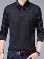 Spring/Autumn New Men's V-Neck Polo Shirt, Plaid Patchwork Long Sleeve, Business Casual 2-in-1 Look Pullover Base Layer Men's Apparel - Grey