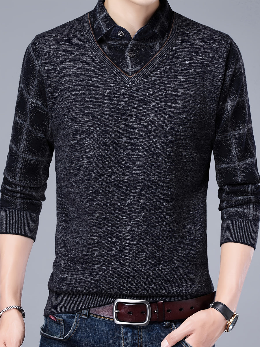 Spring/Autumn New Men's V-Neck Polo Shirt, Plaid Patchwork Long Sleeve, Business Casual 2-in-1 Look Pullover Base Layer Men's Apparel - Grey
