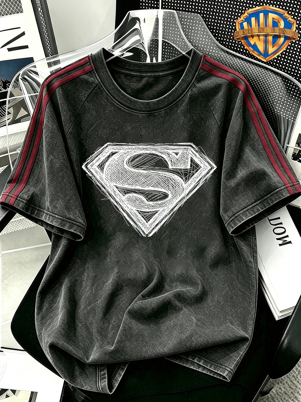 WB Warner Brand Official Authorization, Men'S Washed Distressed Patchwork Short Sleeve T-Shirt, DC Superman Easy Sketch Style Hand-Drawn Sketch Line S-Logo Street Trendy Cool Print Design, Loose Retro Street Short Sleeve - Black