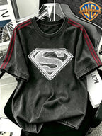 WB Warner Brand Official Authorization, Men'S Washed Distressed Patchwork Short Sleeve T-Shirt, DC Superman Easy Sketch Style Hand-Drawn Sketch Line S-Logo Street Trendy Cool Print Design, Loose Retro Street Short Sleeve - Black