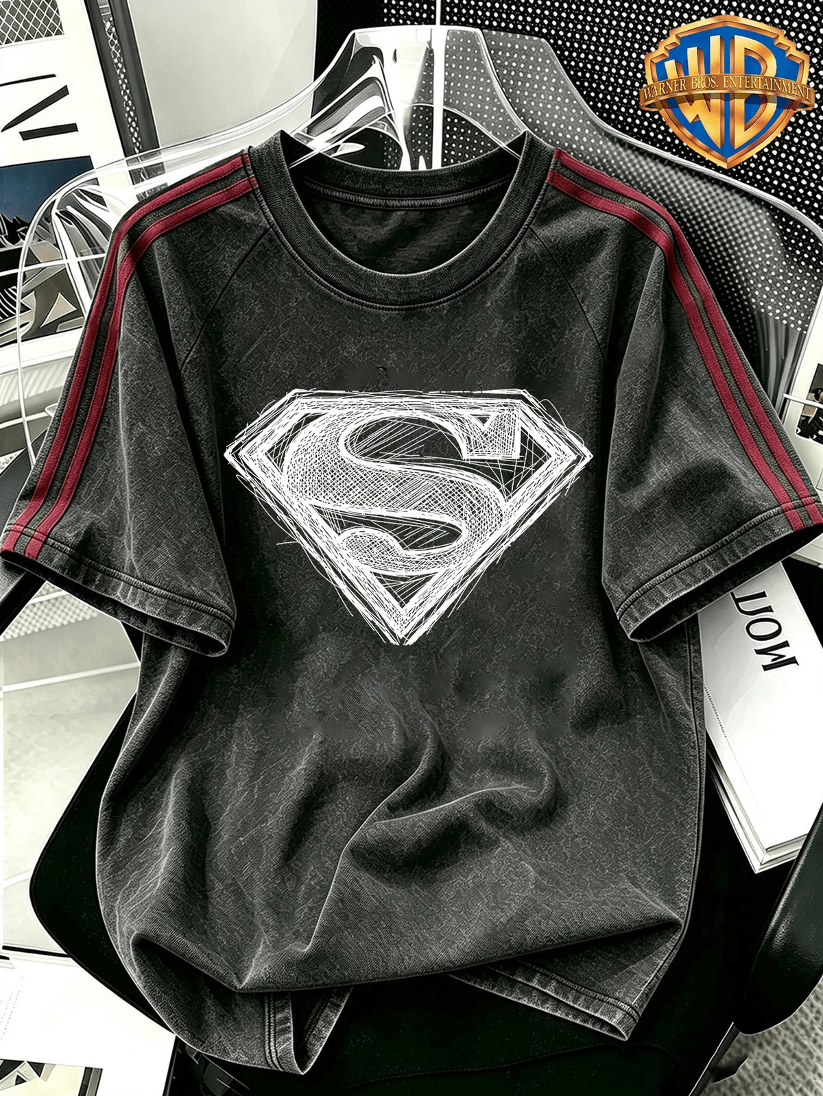 WB Warner Brand Official Authorization, Men'S Washed Distressed Patchwork Short Sleeve T-Shirt, DC Superman Easy Sketch Style Hand-Drawn Sketch Line S-Logo Street Trendy Cool Print Design, Loose Retro Street Short Sleeve - Black