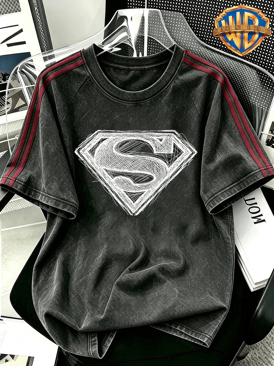 WB Warner Brand Official Authorization, Men'S Washed Distressed Patchwork Short Sleeve T-Shirt, DC Superman Easy Sketch Style Hand-Drawn Sketch Line S-Logo Street Trendy Cool Print Design, Loose Retro Street Short Sleeve - Black