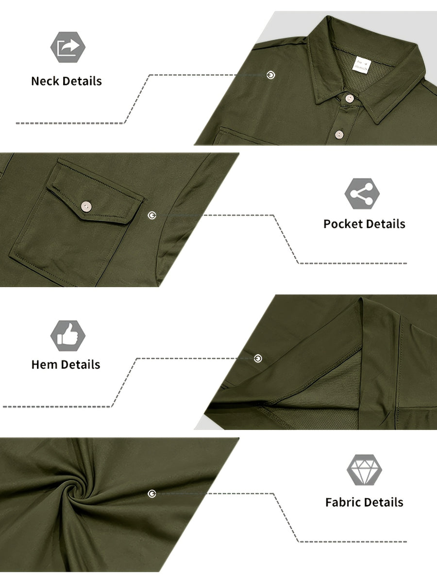Autumn New Arrival 3pcs Set: Polo Collar Double Pocket Cargo Sweatshirt. Made of Thick Knitted Sweatshirt Fabric, Featuring a Half-zip Placket with Three Brown Vintage Buttons. Symmetrical Chest Cargo Pockets, Vintage Workwear Casual Style - Military Blue Gray