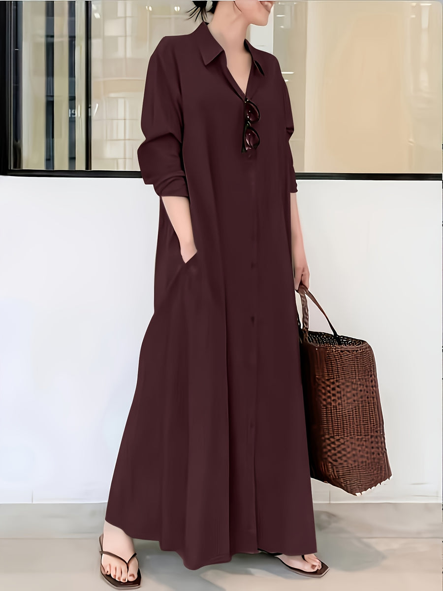 Elegant Long-sleeve Loose-fit Maxi Dress, Suitable for Spring and Autumn, Women's Clothing - Deep Red