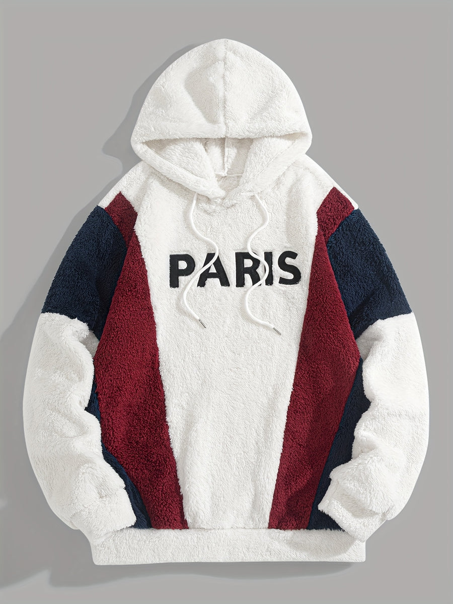 1pc Color-Block Spliced Reversible Plush Hooded Sweatshirt, Letter Embroidered Sweatshirt, Casual Sporty Hoodie, Soft and Comfortable Fabric, Warm and Breathable - Ivory White