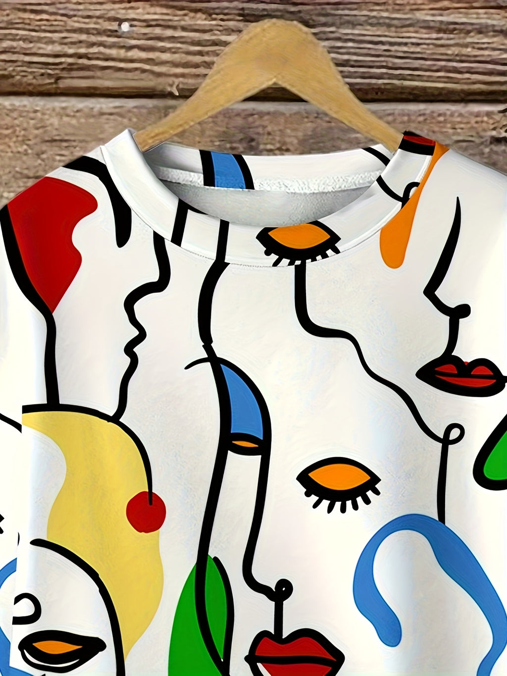 Women'S Fashion Casual Abstract Face Print Loose Round Neck Pullover Sweatshirt, Suitable for Fall Winter - White