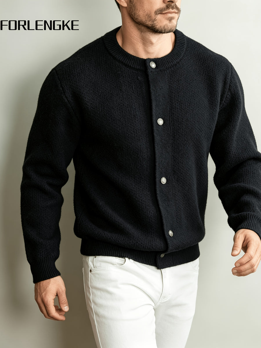 FORLENGKE Men's Crew Neck Knit Cardigan, New Spring/Autumn Solid Color Sweater Outerwear, Simple Single-Breasted Casual Long Sleeve Top, Light Luxury Versatile Loose-Fit Outer Knit Jacket for Men's Commuting Outfits - Black