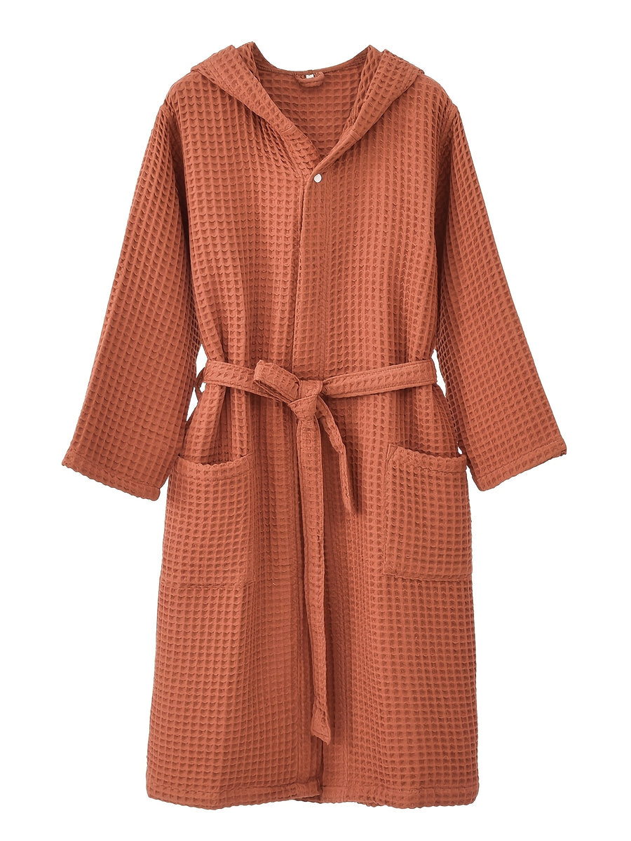 A 100% Waffle- Hooded Bathrobe with Quick-absorbing and Excellent Warmth Properties, Ideal for Bathing, Swimming, and Vacation Wear. Suitable for Sleeping. Features a Very Loose Fit. Perfect as a Holiday Gift for Family, Friends, or Partners - Rust