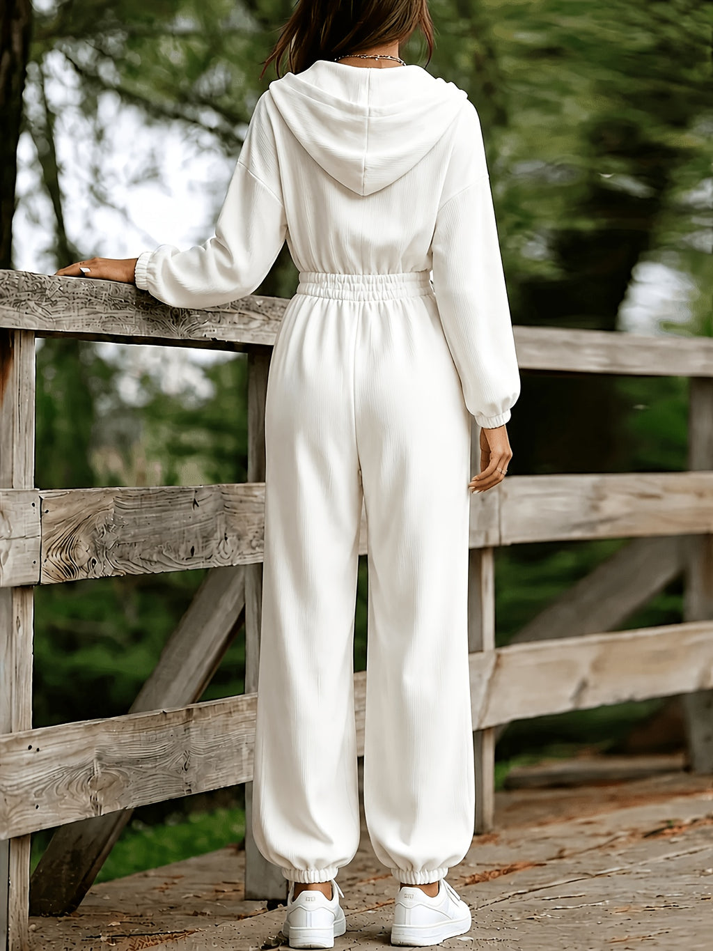 Vertical Striped Hooded Jumpsuit Women'S Front Zipper Elastic Waist Ankle-Cinching Wide-Leg Casual All-In-One Pants Western Home And Outdoor Long Trousers - White