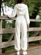 Vertical Striped Hooded Jumpsuit Women'S Front Zipper Elastic Waist Ankle-Cinching Wide-Leg Casual All-In-One Pants Western Home And Outdoor Long Trousers - White