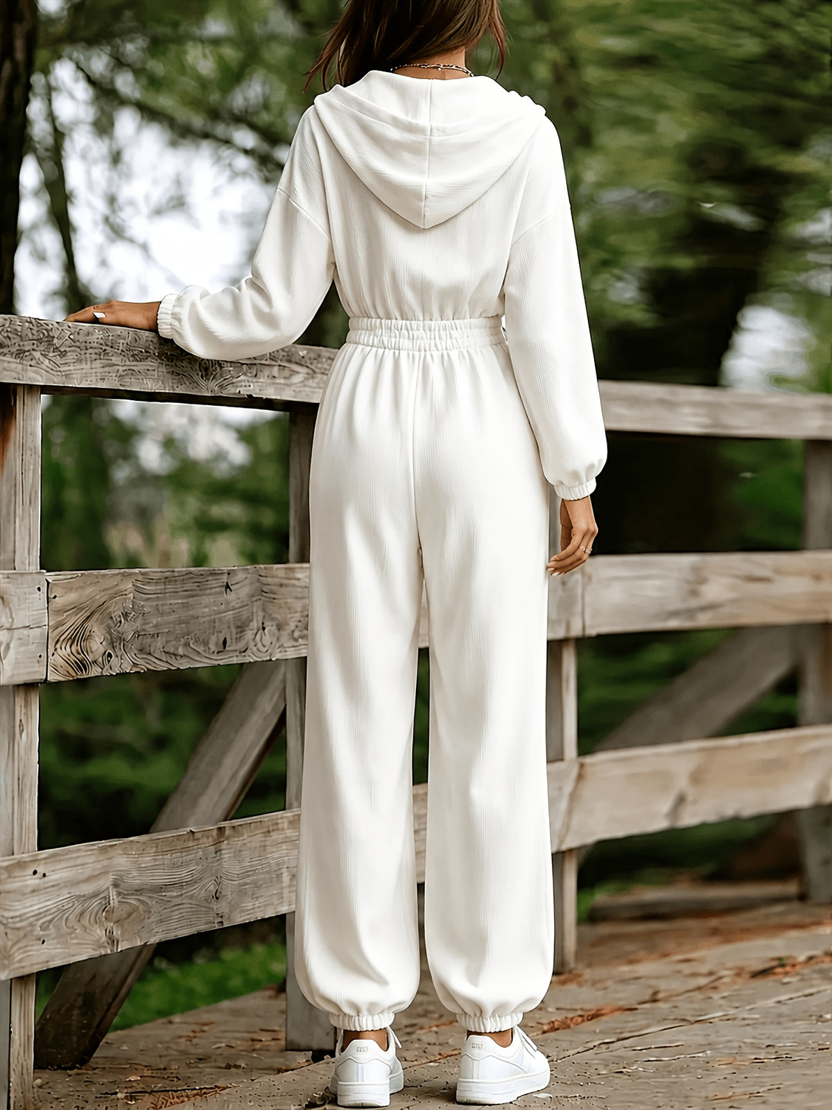 Vertical Striped Hooded Jumpsuit Women'S Front Zipper Elastic Waist Ankle-Cinching Wide-Leg Casual All-In-One Pants Western Home And Outdoor Long Trousers - White