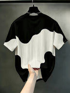 Men's Casual Round Neck T-shirt, Geometric Pattern Splicing Stripe Design, Chicago Word "Chicago" Pattern, Irregular Color Block Contrasting Design, Street Trendy Breathable Daily Top - Black
