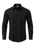 Men's Linen Guayabera Shirt with Lapel Collar & Button Front Panel - Accordion Pleat Chest Texture, Long Sleeve Button-Front Closure Suitable for Beach, Casual, -Casual Wear, Year-Round Versatile Formal & Everyday Button-Up Shirt - Black