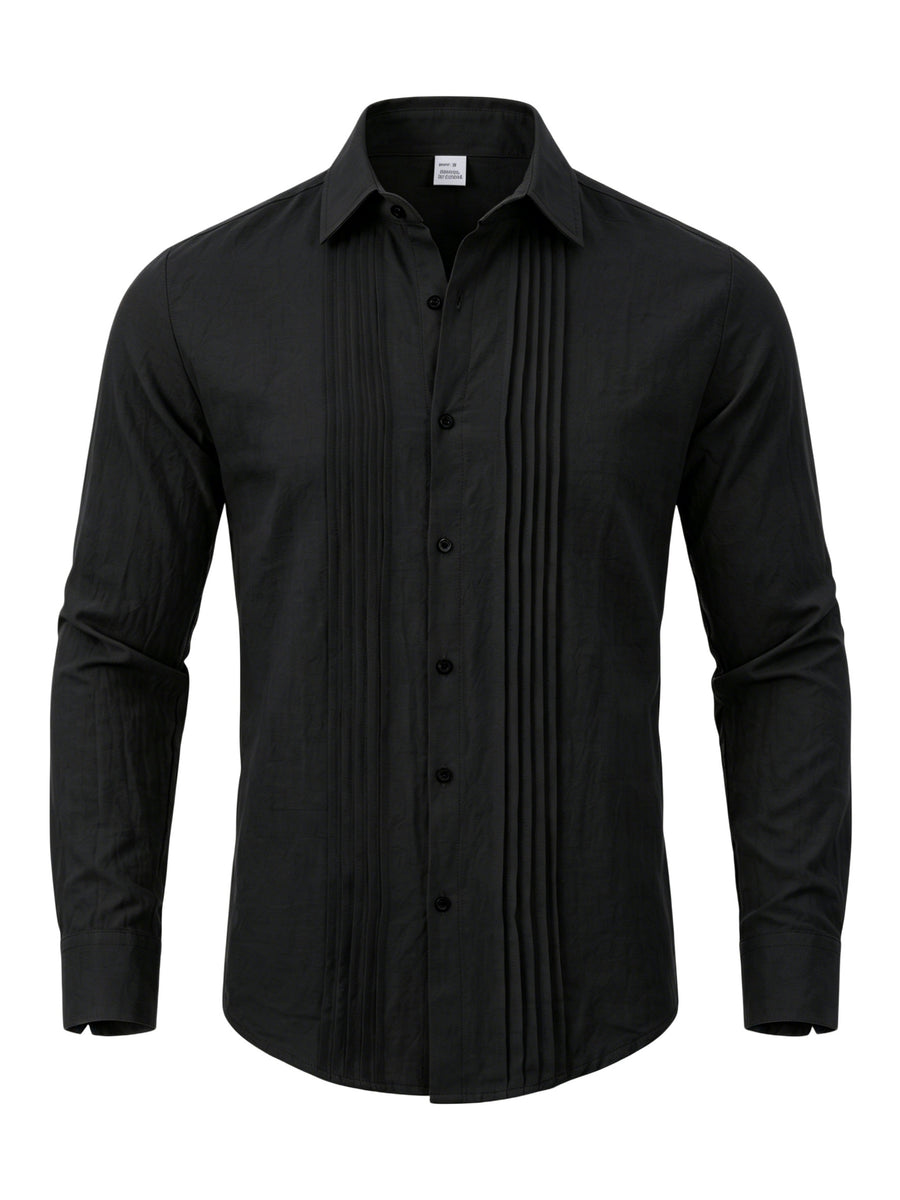 Men's Linen Guayabera Shirt with Lapel Collar & Button Front Panel - Accordion Pleat Chest Texture, Long Sleeve Button-Front Closure Suitable for Beach, Casual, -Casual Wear, Year-Round Versatile Formal & Everyday Button-Up Shirt - Black