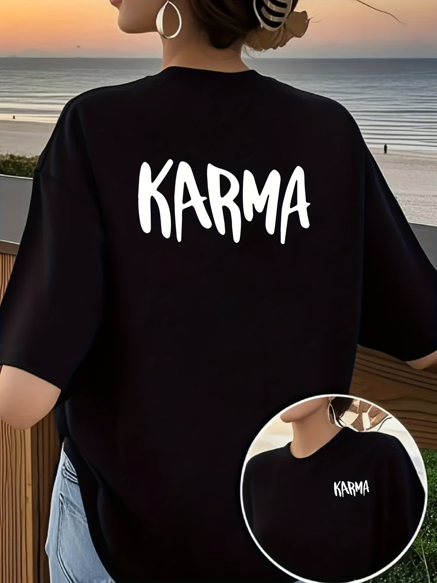 Front And Back Print T-Shirt, Cause And Effect, KARMA Pattern Women'S Round Neck Casual Short Sleeve Top, Trendy Fashion Casual Style, Women'S Double-Sided Printed Top, Round Neck Women'S Short Sleeve T-Shirt S-XXL - Black