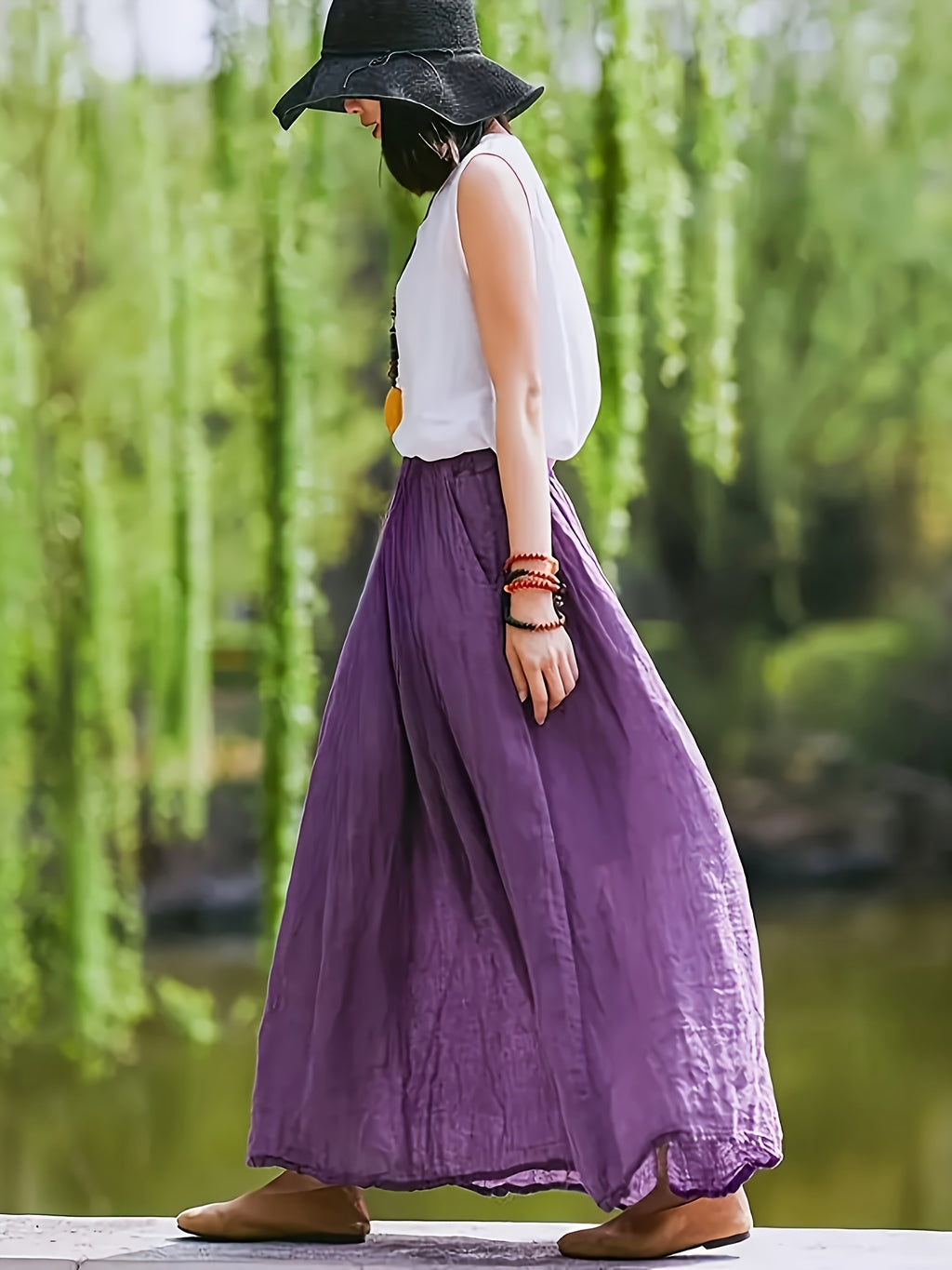 BK031606 Spring Summer Fall New Women'S Solid Retro Style Midi Skirt - Breathable, Loose Fit with Pockets, Spring Fall Elegant Casual Design - Purple