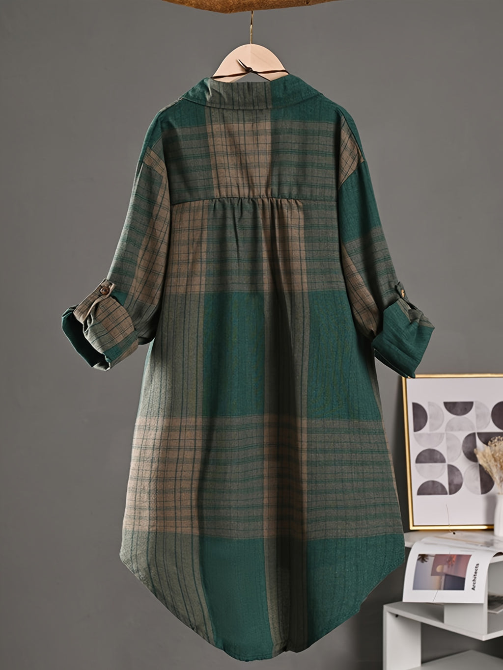 Elegant Special, Casual Vintage Mid-Length Shirt for Women, New Striped Plaid Loose Long Shirt, New Fashion Long Sleeve Women's Shirt - Green