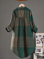 Elegant Special, Casual Vintage Mid-Length Shirt for Women, New Striped Plaid Loose Long Shirt, New Fashion Long Sleeve Women's Shirt - Green