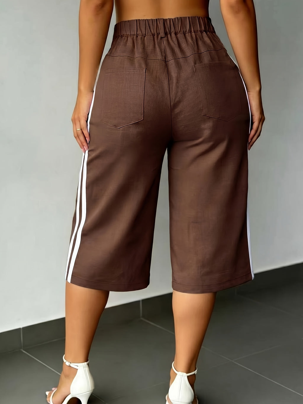New Summer Fashion Side Contrast Color Patchwork Casual Capri Pants - Coffee Color