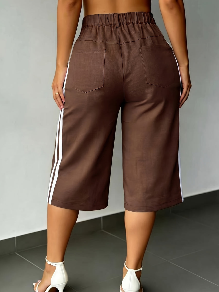 New Summer Fashion Side Contrast Color Patchwork Casual Capri Pants - Coffee Color