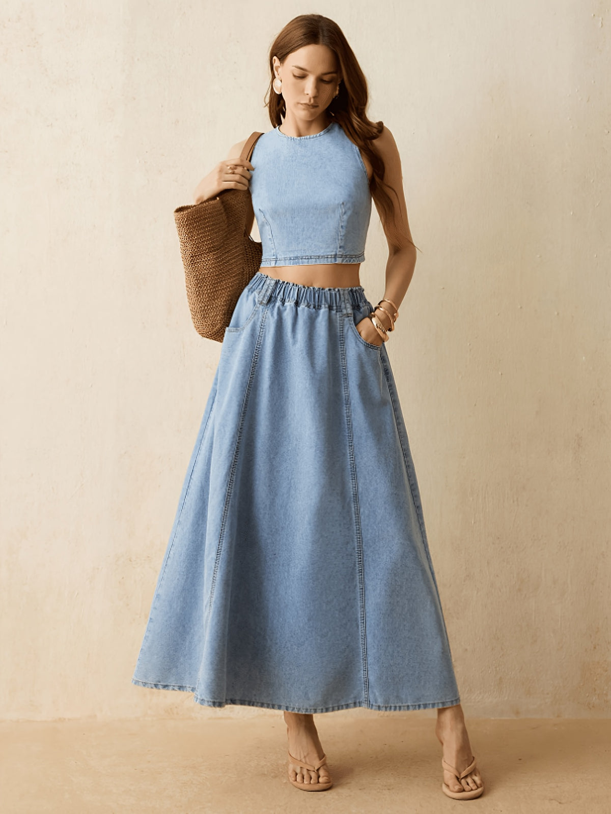New Vacation Style Light Blue A-Line Denim Long Skirt, Elastic Waist Tiered Flared with Pockets, Perfect for Pairing with Short Tops for a French Casual Look, Ideal for Daily Wear And Vacations - Light Blue