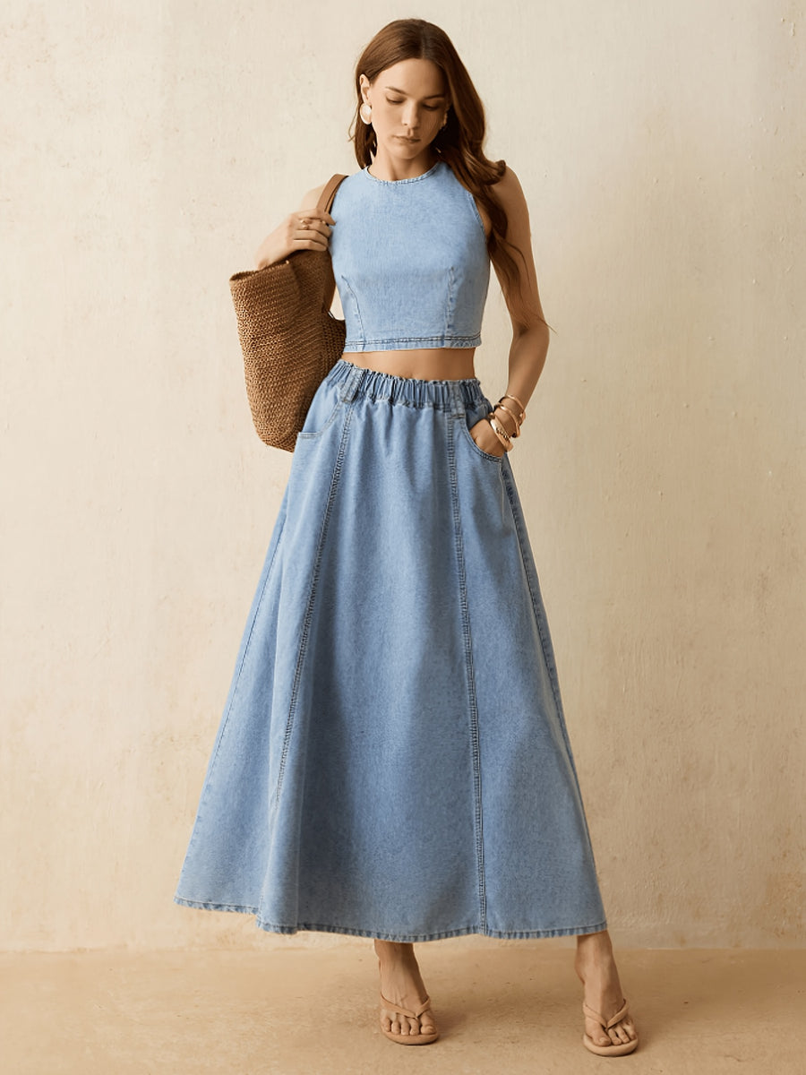 New Vacation Style Light Blue A-Line Denim Long Skirt, Elastic Waist Tiered Flared with Pockets, Perfect for Pairing with Short Tops for a French Casual Look, Ideal for Daily Wear And Vacations - Light Blue