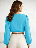 Princess Sleeve Loose Top 2026 Summer New Arrival Women's Versatile Top, Hollow V-Neck Long Sleeve Women's Shirt, French-Style Vintage Puff Sleeve Blouse, Maillard Style Versatile Elegant Top, French-Style Vintage Style, Maillard Casual Style - sky blue