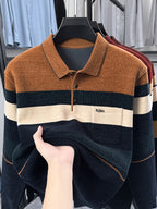 New Men's Color-Block Knit Pullover Autumn/Winter Warm Casual Polo Sweater - Brown