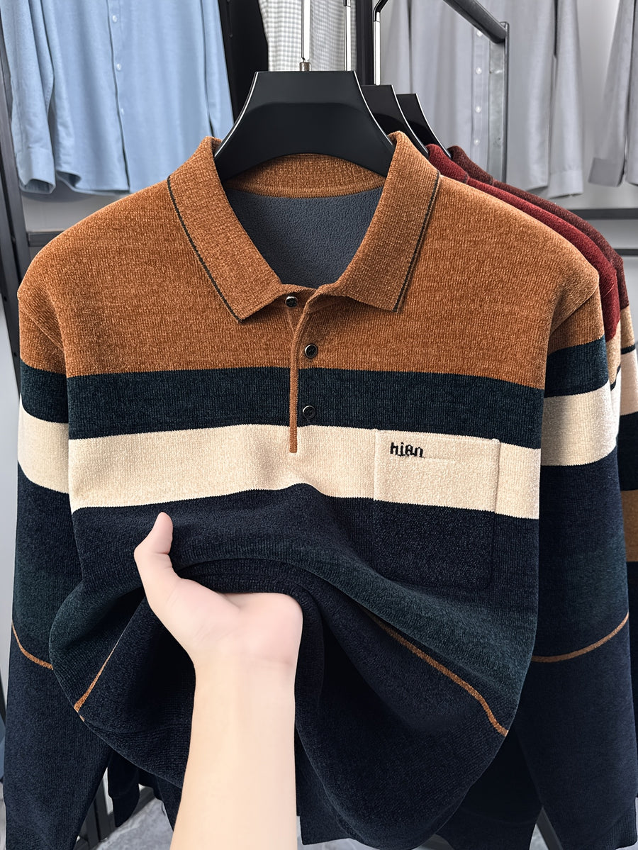 New Men's Color-Block Knit Pullover Autumn/Winter Warm Casual Polo Sweater - Brown