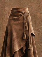 Vintage-style Irregular Midi Skirt with Waist Tie and Fringe Detail - ZLLZ - Dark Brown