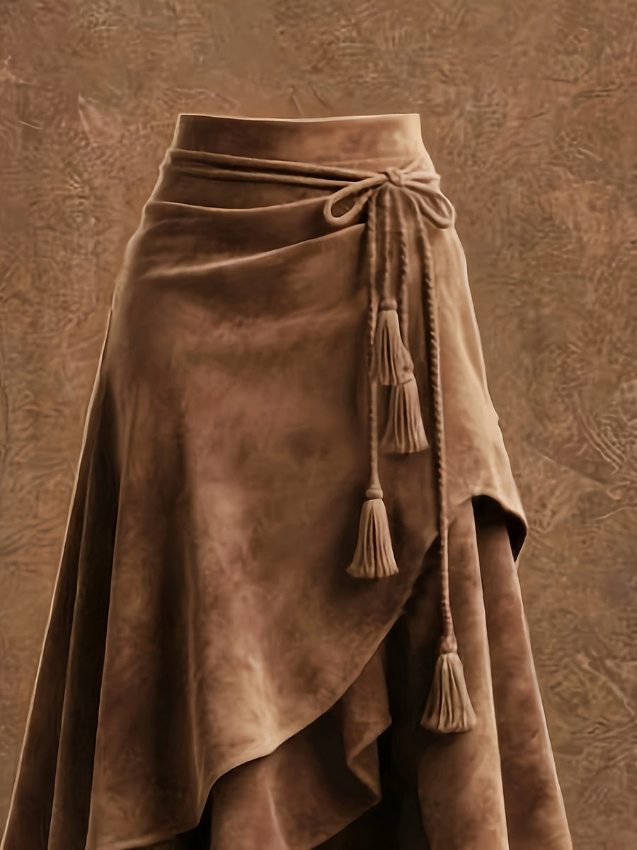 Vintage-style Irregular Midi Skirt with Waist Tie and Fringe Detail - ZLLZ - Dark Brown