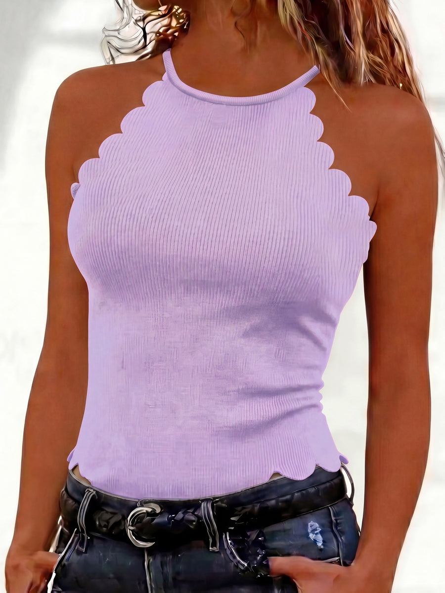Solid Color Off-The-Shoulder Petal Trim Sleeveless Top, Western Style Women'S Easy Spicy Outfit, Spring Summer Niche Cool Outer Layer Base Layer Off-Shoulder Vest - Light Purple
