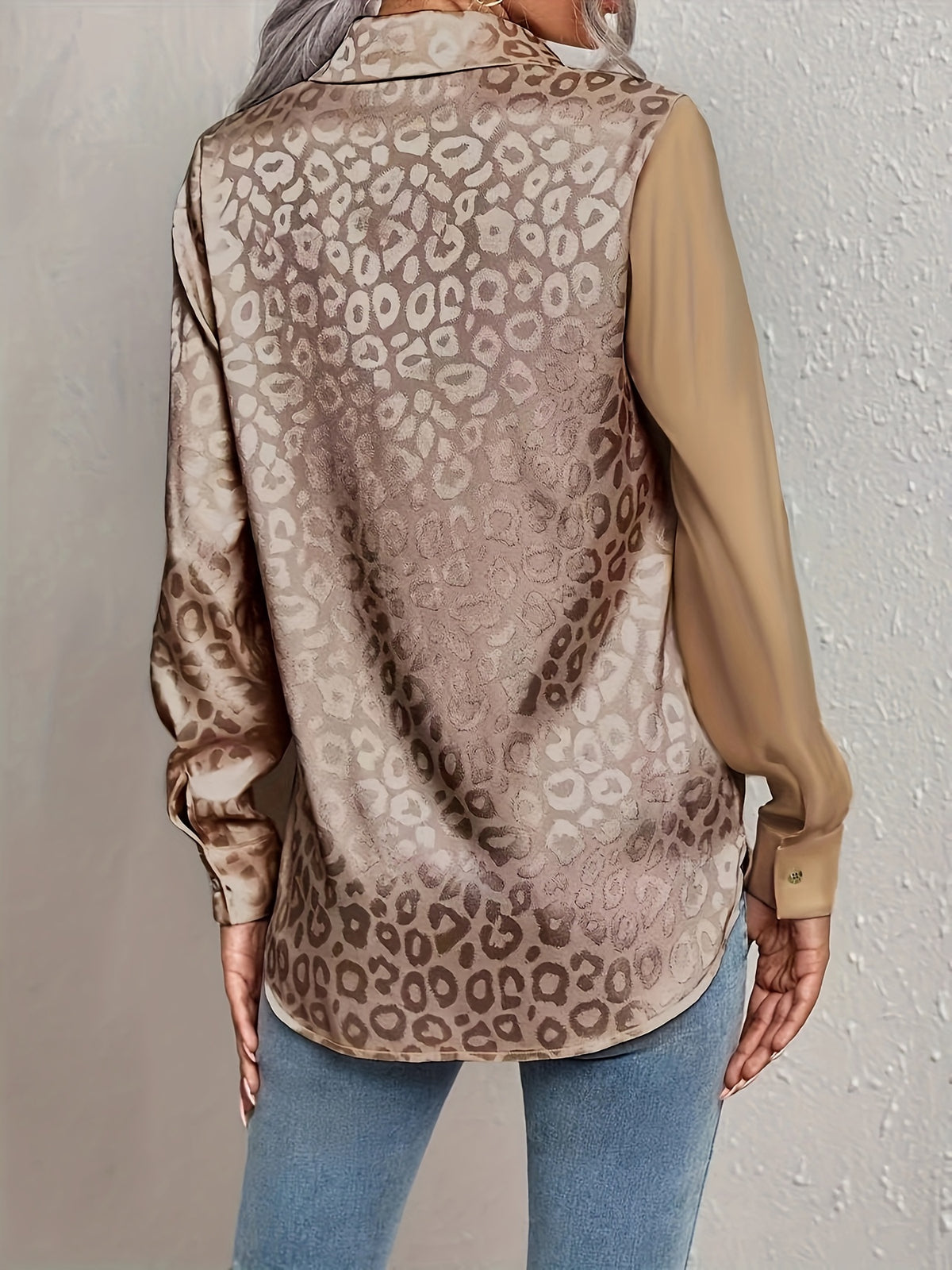 Leopard-Print Jacquard Two-Tone Patchwork Satin Buttoned Long-Sleeve Collared Shirt - Dark Brown