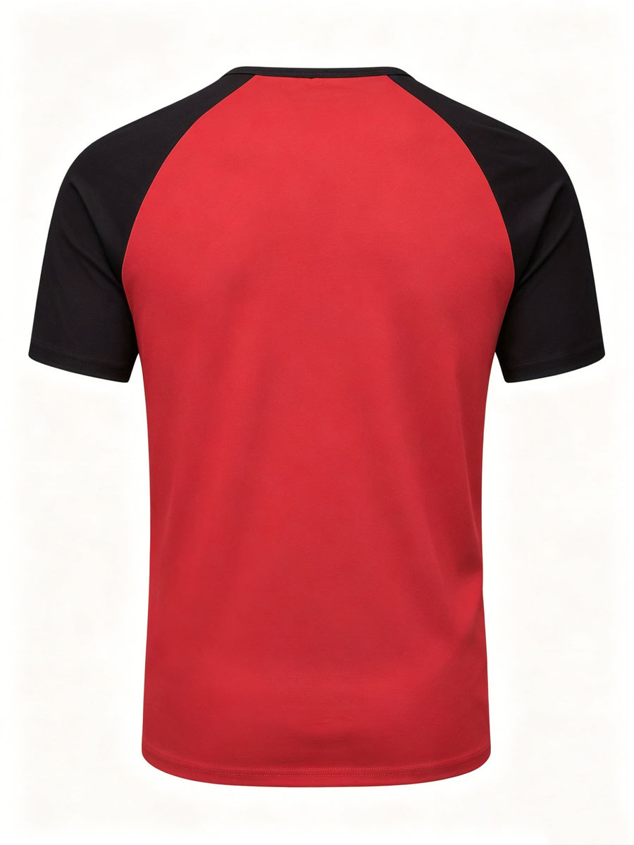 5-Pcs Summer Men'S Short-Sleeve T-Shirt, Raglan Sleeve Henley Shirt, Multi-Color Solid Casual Sports Top, Button-Up Round Neck Shirt - Red