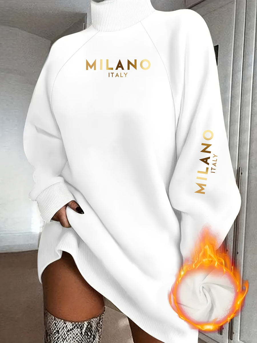 Women'S Elegant Turtleneck Sweater, Fall Winter Casual Fashion Sweatshirt, Printed with MLANO Design, Comfortable Fabric Loose Fit Long Sleeve Dress Top - White