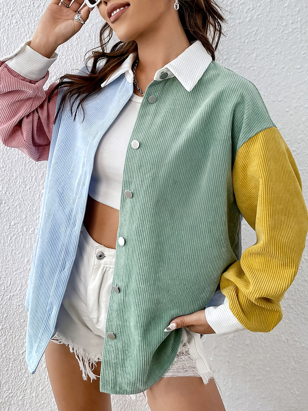 Color-Block Patchwork Drop-Shoulder Shirt - Mixed colors