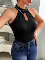 Summer Women's Solid Color Halter Neck Hollow-Out Tank Top, Slim Fit, Versatile, Elegant, and Stylish Sleeveless Top - Black