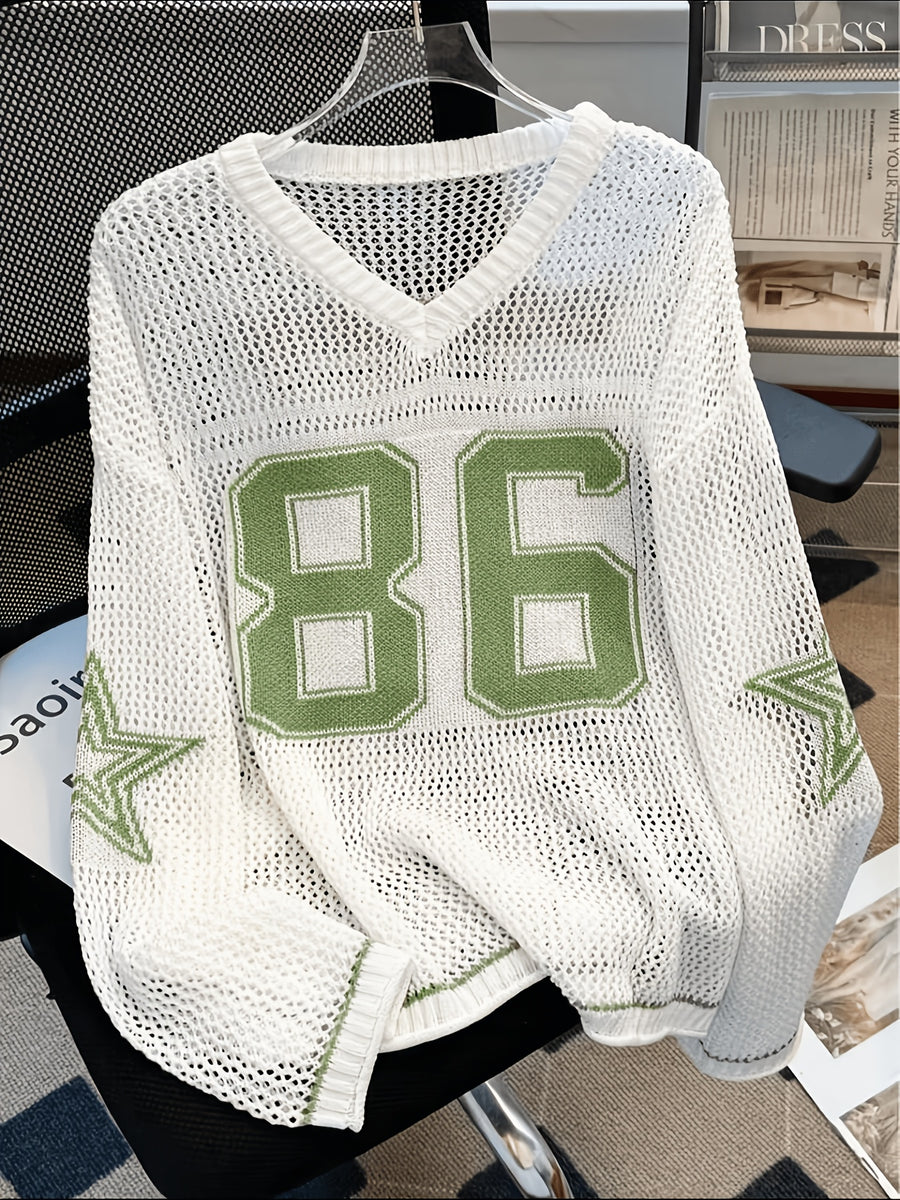 Plus Size - Plus Size - Plus Size Sweater Women'S Oversized Number Print Sweatshirt, Casual Loose Fit Elegant Shirt, Summer Couple Style for Daily Wear, Casual Outing, Beach Vacation - White
