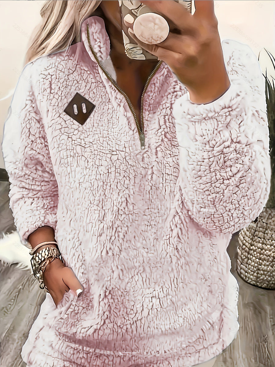 Women's Casual Fashion Pullover Zip-Up Long Sleeve Top - Pale Pinkish Gray