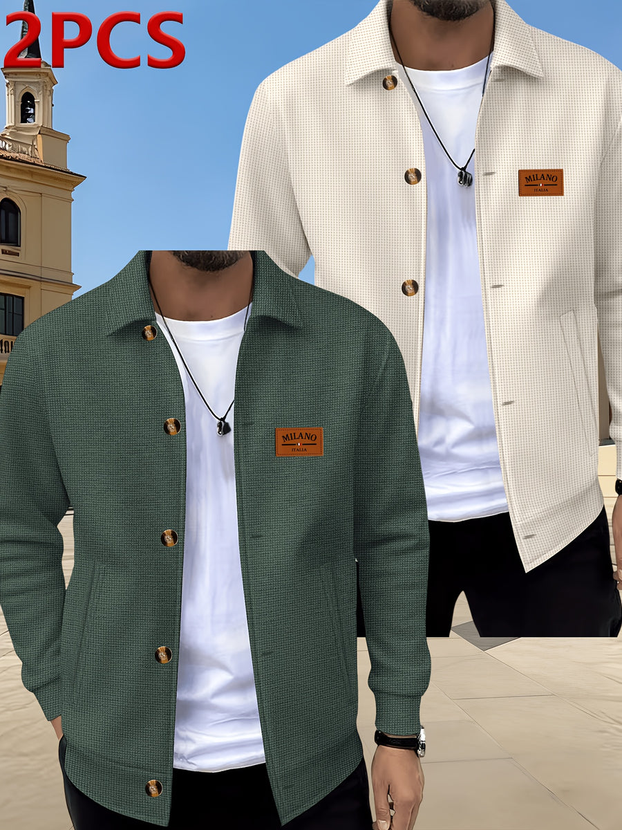 Men's 2pcs Waffle Knit Lapel Jacket, American Light Mature Casual Style, Two-Tone Textured Fabric, Vintage Amber Button Placket, Side Slant Pockets, Versatile Outerwear for Young and Middle-Aged Men for Commuting, Shopping, Outdoor Outings, and Daily - Khaki+Army Green
