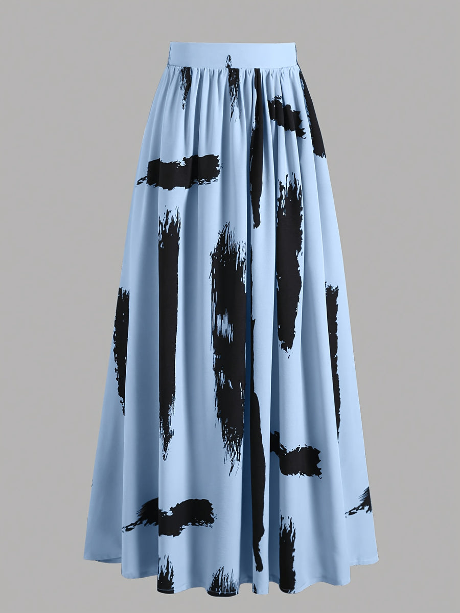 Women's Casual Loose-fit Skirt with a Unique Design, Versatile and Featuring Distinctive Ink Wash Prints for a High-end, Look - Blue