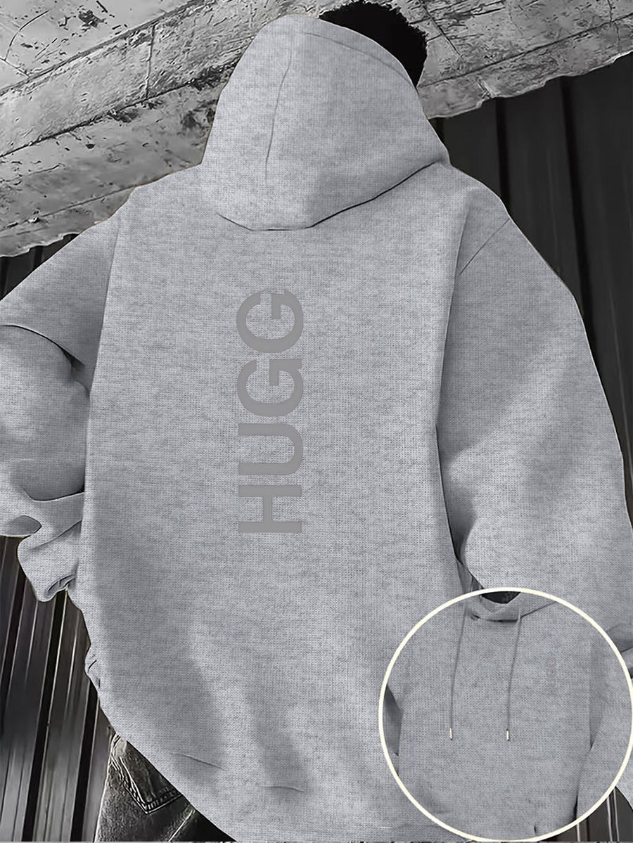 HUGG Embrace Minimalist Vertical Letter Artsy Men'S Hooded Sweatshirt Front And Back Double-Sided Print Pattern Casual Hoodie Daily Wear Comfortable Versatile Suitable for Outdoor Sports Fitness Casual Wear - Grey