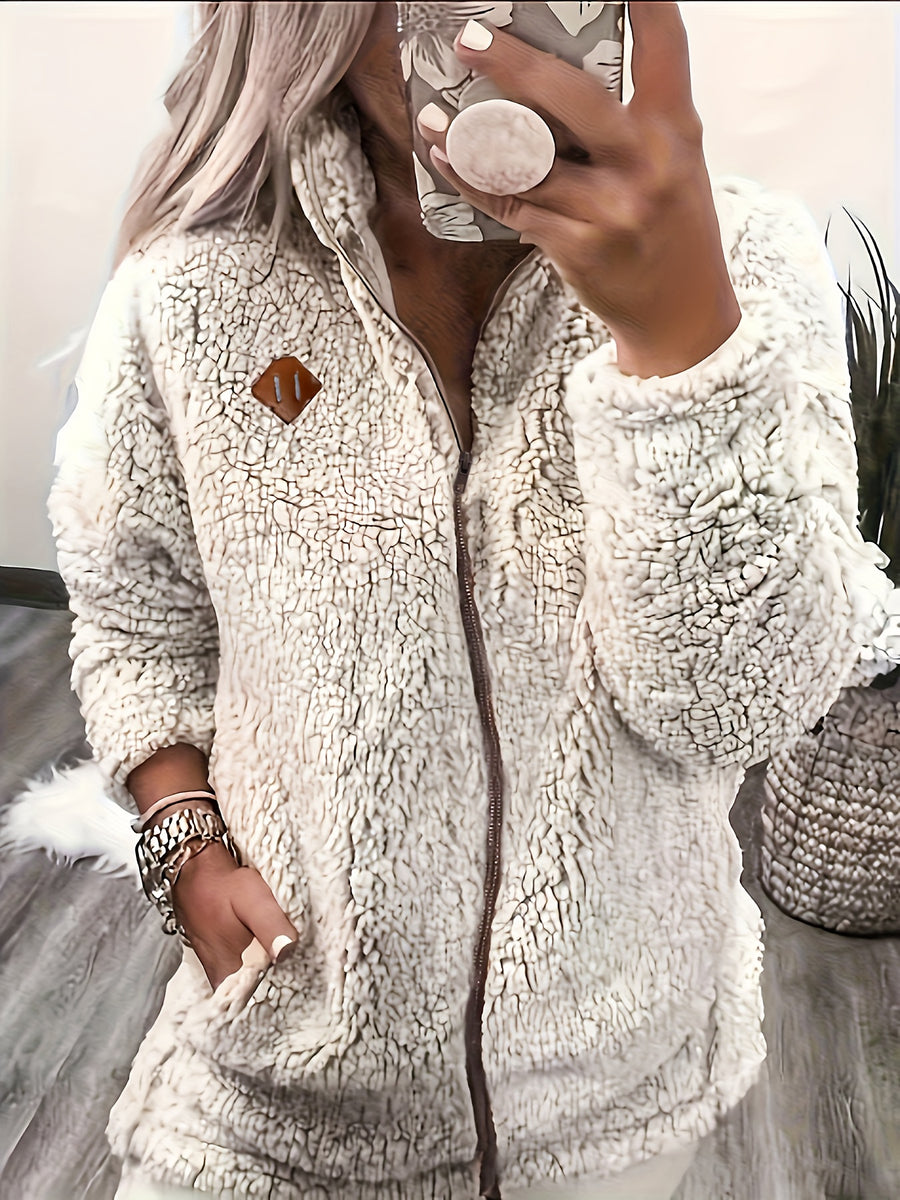 Women'S Faux Small Stand Collar Thick Jacket Coat - Ivory White