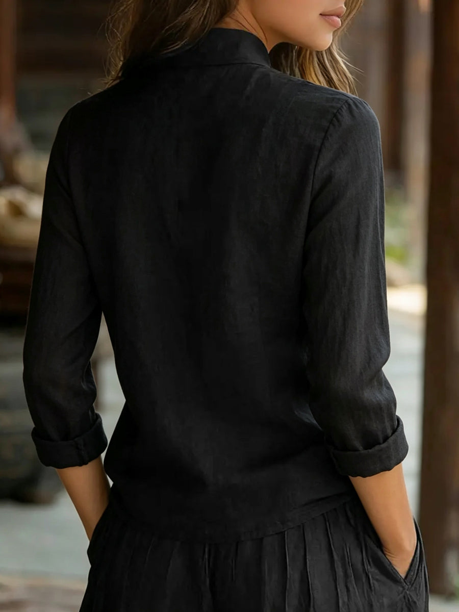 Spring Summer Easy Relaxed New Chinese Style Stand Collar Front Button-Up Long Sleeve Shirt - Black